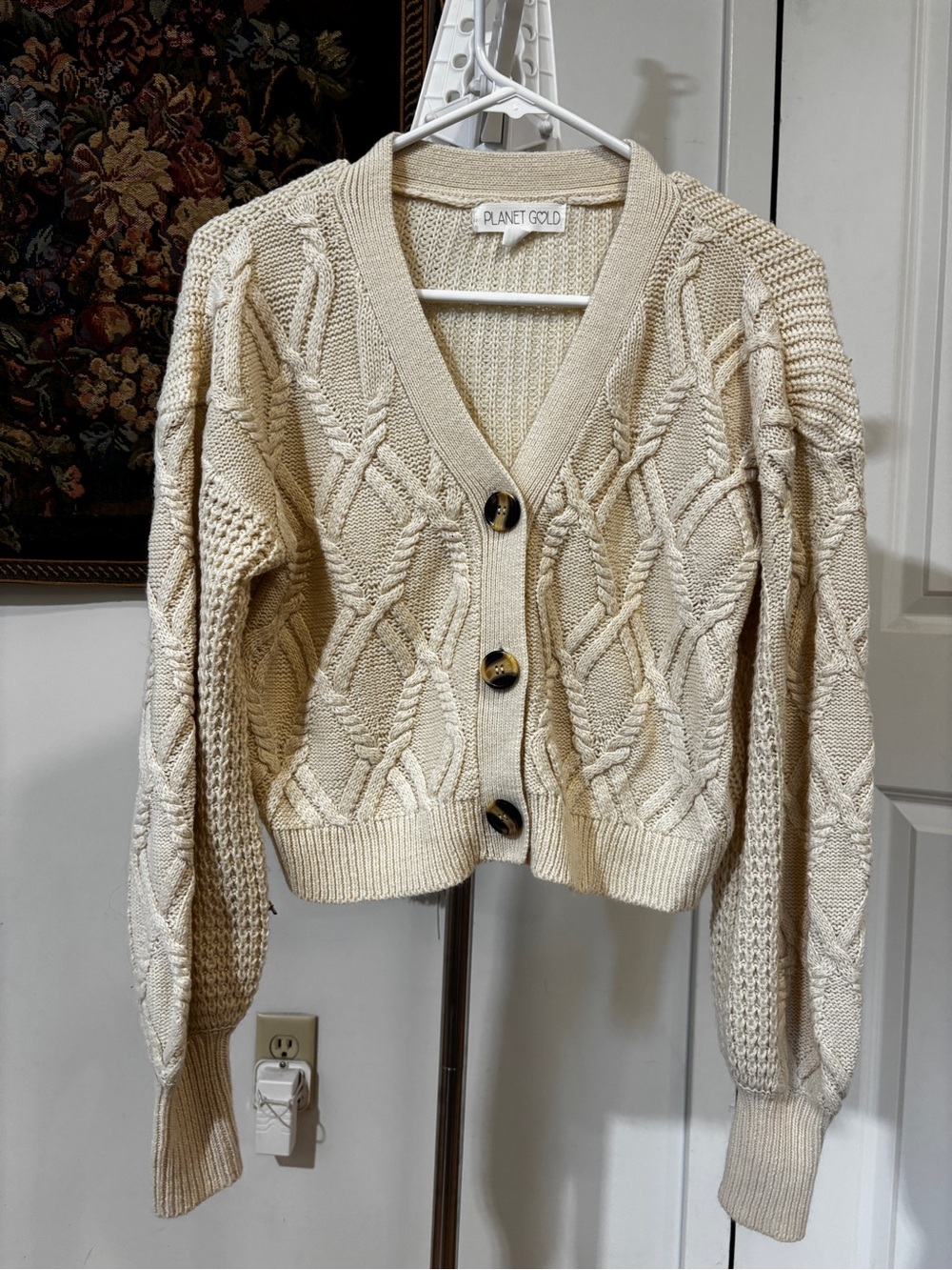 Planet Gold Cream Cable Knit Cardigan M Balloon Sleeve Chunky Sweater